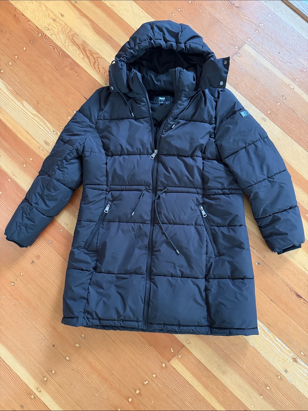 DKNY Long Black Hooded Puffer Jacket XXL